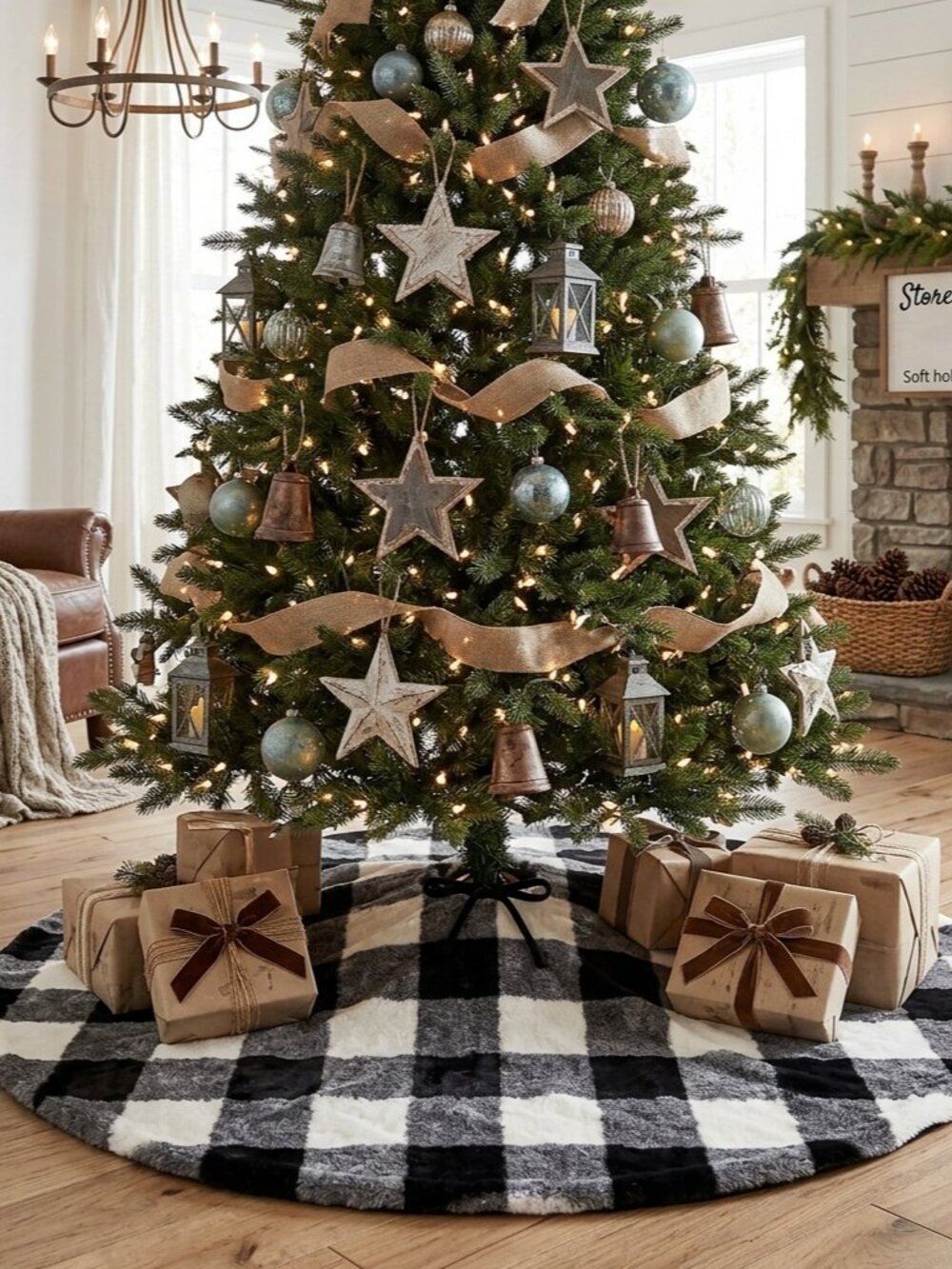 Storehouse Buffalo Check Christmas Tree Skirt Plush Black & White Plaid 56 inch
